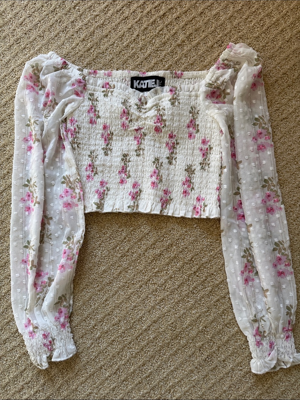 Katie J NYC White Floral Smocked Crop Top with Pink and Green Print
